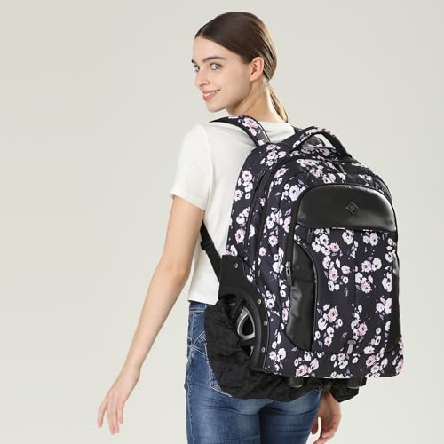 WMHYLYH 22 Inch Rolling Backpack, Waterproof Backpack with Wheels for Business and Travel Commuter, Carry on Laptop Backpack for Women and Men Adult (black-flower) - color: Black-flower
