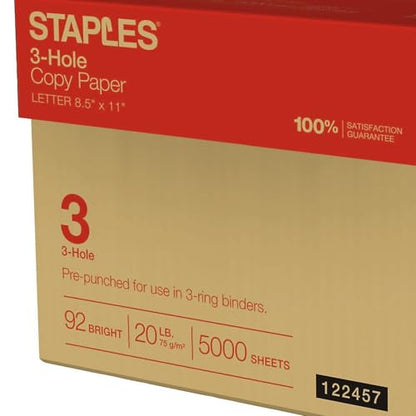 Staples Copy Paper, 8 1/2" x 11", 3 Hole Punched, Case, For Office, School & Home - size: 5,000 Sheets, style: Standard