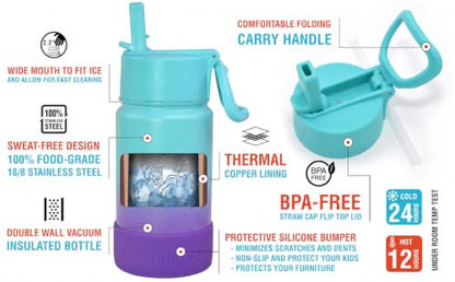 CHILLOUT LIFE 12oz Kids Insulated Stainless Steel Water Bottle with Leak Proof Straw Lid & 144 Stickers - color: Caribbean Lily, style: 12 oz