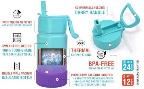 CHILLOUT LIFE 12oz Kids Insulated Stainless Steel Water Bottle with Leak Proof Straw Lid & 144 Stickers - color: Caribbean Lily, style: 12 oz