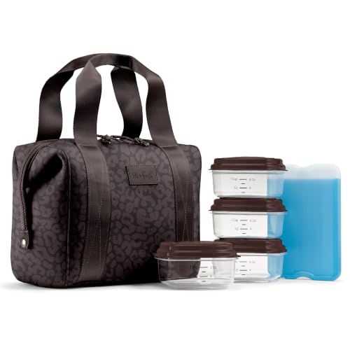 Fit & Fresh Remi Lunch Bag for Women Work – Neoprene Lunch Tote with Containers & Ice Pack, Reusable Meal Prep Lunch Box, Large Capacity, Machine Washable - color: Chocolate Feline Fine