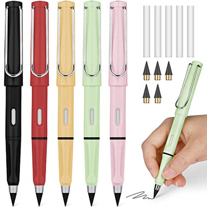 Ainiv Inkless Pencil with Eraser, 5 Sets Infinity Pencil Everlasting Pencil, Reusable Infinite Pencil with Extra 5 Eraser & 5 Replaceable Nibs, Endless Pencil for Home Office School Writing Drawing - color: 5PCS-Black、Red、Yellow、Green、Pink
