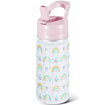14 Oz Kids Water Bottle, Stainless Steel Water Bottle with Straws, Leak-Proof, BPA-Free, Insulated Water Bottles for School Boys & Girls|White Rainbow - color: White cartoon rainbow