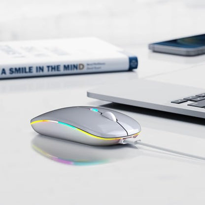 Wireless Bluetooth Mouse, Rechargeable, LED, Silent, Ultra-thin Design (Bluetooth 5.2 and 2.4GHz USB Receiver) | Portable Computer Mouse for Laptops, iPads, MacBooks and Apple Devices (Silver) - color: Silver