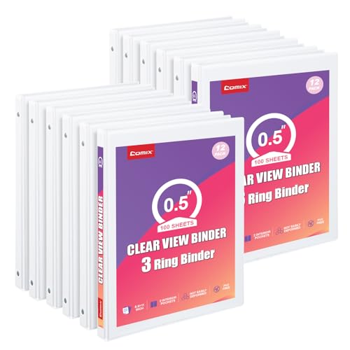Comix Durable 0.5 Inch 3 Ring Binder, Round View Binder for Office or School, Fits 100 Sheets of 8.5x11 Paper, PVC-Free & Foldable Spine, Made in North American, 12 Pack (White) - color: White, size: 1/2 inch, style: 12 Pack