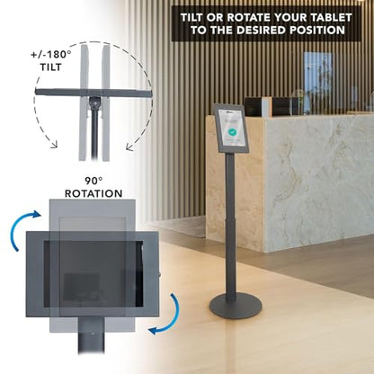 Mount-It! Anti-Theft Tablet Floor Stand Kiosk for Samsung Galaxy Tab A & S Series, Lockable Enclosure, Height Adjustable 27.66"–47.3", Commercial Kiosk Stand, Black