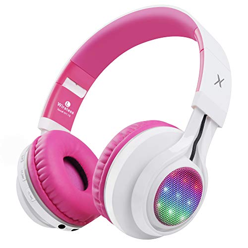 Riwbox WT-7S Bluetooth Headphones Light Up, Foldable Stero Wireless Headset with Microphone and Volume Control for PC/Tablet/TV/Travel (Pink) - color: Pink