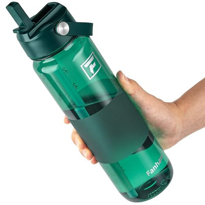 Fanhaw 32 oz Clear Water Bottle with Straw Lid - Tritan, BPA-Free, Lightweight, Wide Mouth, Leak-Proof, Perfect for Gym, Travel, School, Office, and Sports(Dark Green) - color: Dark Green