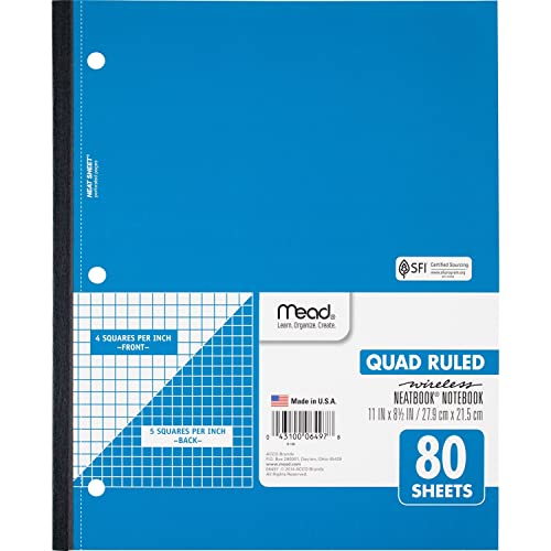 Mead Notebook, Wireless, 1 Subject, Quad Ruled, 8-1/2" x 11", 80 Sheets, Neatbook, Assorted Colors, Color Will Vary (06497) - color: Color Selected for You