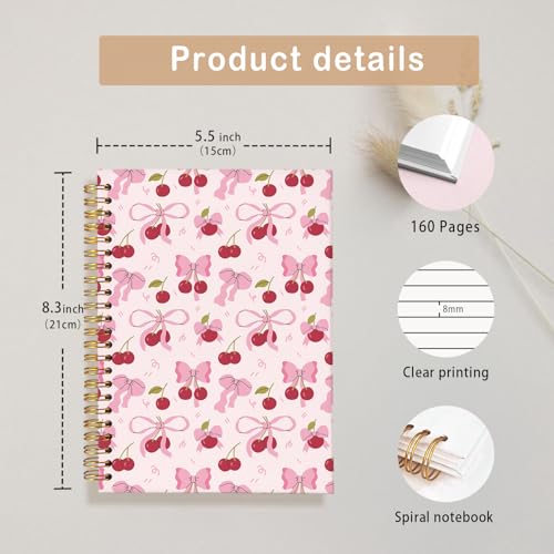 Coquette Cherry Spiral Notebook for Women,Pink Bow School Journal | Pink Office Supplies,Coquette Trendy Gifts for Girls Teens, Aesthetic Stationery Supplies 5.5x8.3 - color: Cherry - Pink bow 1