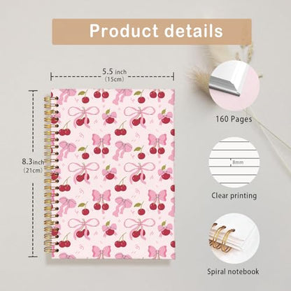 Coquette Cherry Spiral Notebook for Women,Pink Bow School Journal | Pink Office Supplies,Coquette Trendy Gifts for Girls Teens, Aesthetic Stationery Supplies 5.5x8.3 - color: Cherry - Pink bow 1