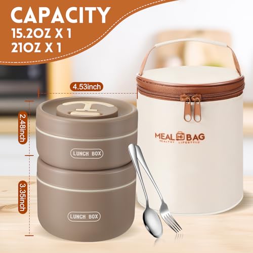 Dandat 2 Pcs Portable Insulated Lunch Containers Thermal Bento Box with Bag Fork Knife Stainless Steel Lunch Box 15.2 oz 21 oz Separate Stackable Food Jar for Adult Men Women(Khaki) - color: Khaki