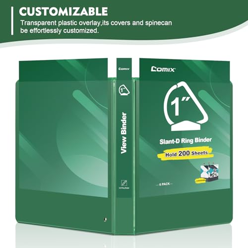 COMIX Sturdy 1 Inch Binders 3 Ring with Clear View Cover, 1" Slant-D Ring View Binder Holds 225 Sheets of US Letter Size Paper, 6 Pack (Green) - color: Green, size: 1 inch