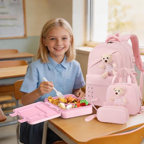 ACESAK Backpack for Girls with Bento Box - 4 PCS Cute Girls Backpack with Lunch Box, Pencil Case & Bento Box Set - 43oz Leakproof Lunch Box Kids Snack Containers Set Back to School Supplies (Pink) - color: Pink