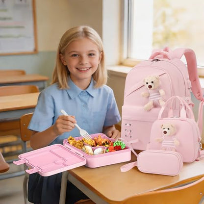 ACESAK Backpack for Girls with Bento Box - 4 PCS Cute Girls Backpack with Lunch Box, Pencil Case & Bento Box Set - 43oz Leakproof Lunch Box Kids Snack Containers Set Back to School Supplies (Pink) - color: Pink