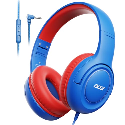 acer Kids Headphones - Over-Ear 85/94dB Volume Limiter, 3.5mm Jack Foldable Stereo Sound Headset for Toddlers Girls Boys Travel Learning Entertainment Tablet Kindle iPad PC,Blue Red, HK03 - color: Blue Red