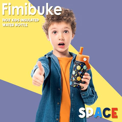 Fimibuke Kids Insulated Water Bottle, 14oz BPA FREE 18/8 Stainless Steel Travel Tumbler Double Wall Vacuum Leak Proof Kids Cup with Straw Metal Water Bottle for School Boys Girls(1 Pack, Space) - color: A3. SPACE