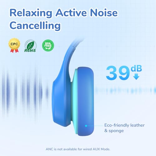 EarFun K4NC Active Noise Cancelling Headphones for Kids,120H Playtime Blue | 74/85/94dBA Volume Limited, Kids Bluetooth Headphones with Mic, Bluetooth 5.4 Stereo Sound Kid Headset for School/Home/Travel - color: Light Blue