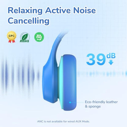 EarFun K4NC Active Noise Cancelling Headphones for Kids,120H Playtime Blue | 74/85/94dBA Volume Limited, Kids Bluetooth Headphones with Mic, Bluetooth 5.4 Stereo Sound Kid Headset for School/Home/Travel - color: Light Blue