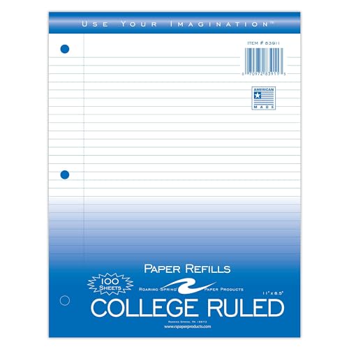 Roaring Spring Loose Leaf Paper, 100 Sheets, 8"x11" White 15# College Ruled Notebook Filler Paper With Margin, 3-hole Punched, Proudly Made in the USA - size: 11" x 8.5", style: 1 Book