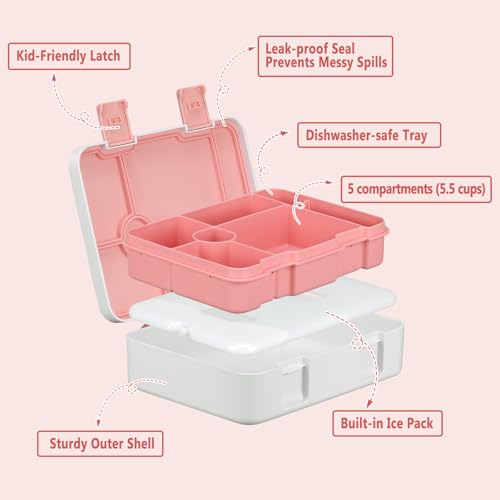 Kids Bento Lunch Box with Ice Pack, 5 Compartments Leak-Proof Bento Box with Utensils, 5.5-Cup Capacity for Adults & Ages 8+, BPA Free, Microwave & Dishwasher Safe, Pink - color: Pink