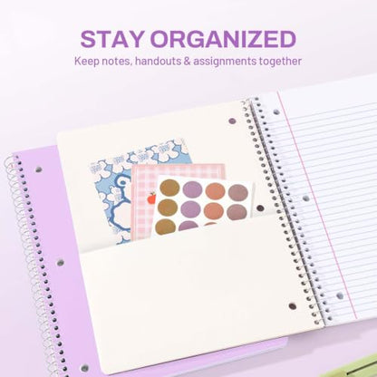 SUNEE Spiral Notebook, 1-Subject, College Ruled Paper, 8" x 10-1/2", 100 Sheets per Notebook, 3-Hole Punched Paper, Water Resistant Cover, Double-sided Pockets, Spiral Lined Notebooks for Work, Purple - color: Purple