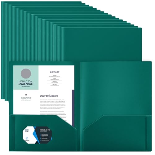 Gueevin 100 Pack Plastic Folder with Pockets, 2 Pocket Folders, Plastic Glossy Folders Fit Letter Size Paper, Heavy Duty Durable File Folder with Business Card for Home Office School (Teal Green) - color: Teal Green