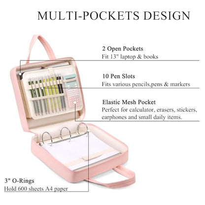 Zipper Binder | 3 Inch O-Ring, 600 Sheet Capacity Trapper Keeper with Shoulder Strap & Handle, Binder Bag with Multiple Storage Pockets, Fits 13" Laptop (Pink) - color: Pink