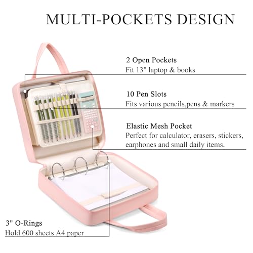 Zipper Binder | 3 Inch O-Ring, 600 Sheet Capacity Trapper Keeper with Shoulder Strap & Handle, Binder Bag with Multiple Storage Pockets, Fits 13" Laptop (Pink) - color: Pink