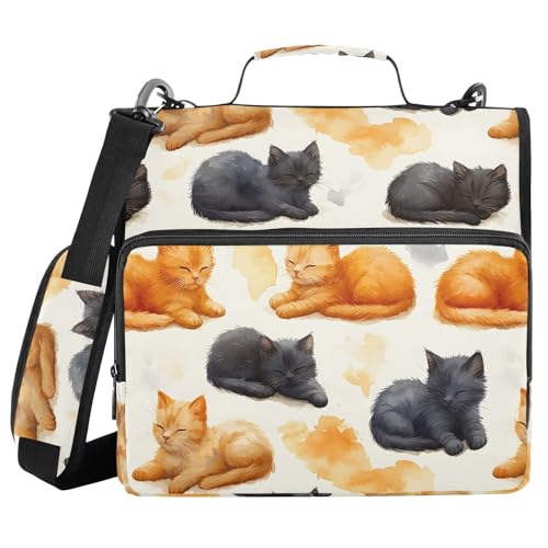 3 Ring Zipper Binder Orange Black Watercolor Cat Binders Bag with Shoulder Strap 500 Sheets Paper Organizer Trapper Keeper Documents Storage File Folder for School Office - color: A101