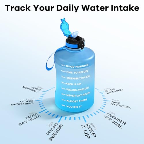 WEMEET 128oz Large Water Bottle with Straw and Time Marker, BPA FREE, 1 Gallon Reusable Motivational Water Bottle, for Gym, Travel, Camping, Hiking (Blue Blue) - color: Blue Blue