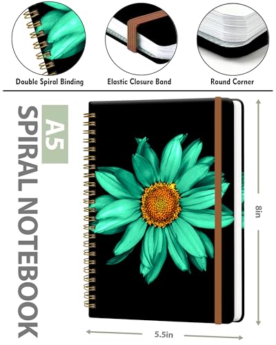 Spiral Journal Notebook for Women, Hardcover A5 College Ruled Notebook, 120 Pages, Thick Paper, Cute Lined Journal for School, Office & Work, 6 x 8.4 in(Turquoise Sunflower) - color: Turquoise Sunflower