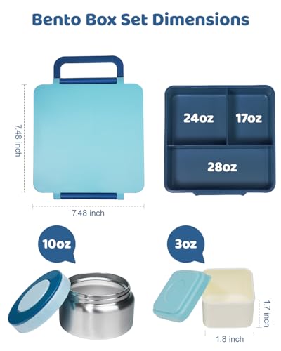 SOHIDA Bento Box with 10oz Soup Thermo: Kids Leakproof Lunch Box with 3 Compartments - Dishwasher Safe and BPA-Free - Vacuum Insulated Food Jar Suitable for Kids Back to School, Travel-Blue - color: Blue