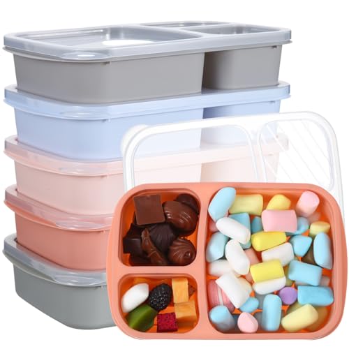 Honeydak 5 Pack Snack Containers 3 Compartment Bento Snack Boxes Divided Meal Prep Containers with Lids Reusable Adults Lunch Food Storage Box for School Work Travel(Blue Gray Brown) - color: Blue Gray Brown