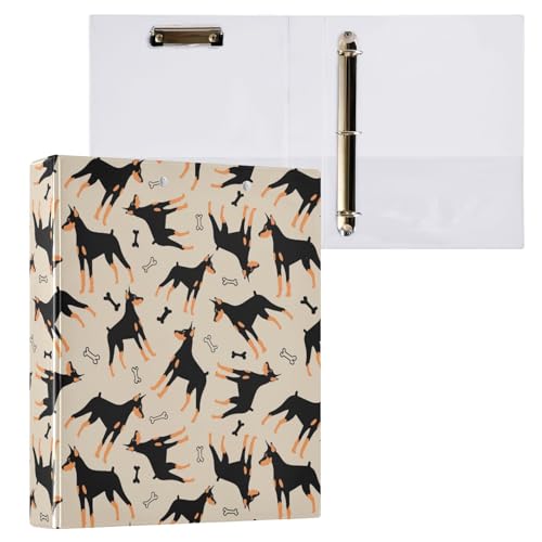 Funny Cartoon Doberman Dog and Bones 3 Ring Binder 1.5" Decorative D-Ring Binder with Clipboard&3 Clear Pockets, Holds 200 Sheets A4 Size Paper Waterproof Binders for School Home Office - color: Doberman Dog, size: ‎12.4x10.63x2.36 Inch-1 Pack