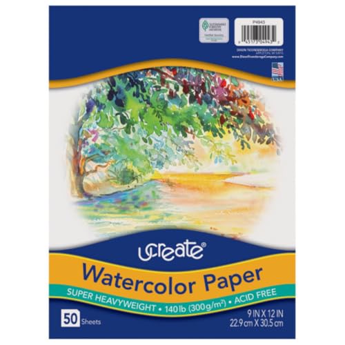 UCREATE 140 lb. Watercolor Paper, White, 9" x 12", 50 Sheets/Pack, 12 Packs | Super Heavyweight, Acid Free, Wet and Mixed Media - size: 9" x 12" (Pack of 12)
