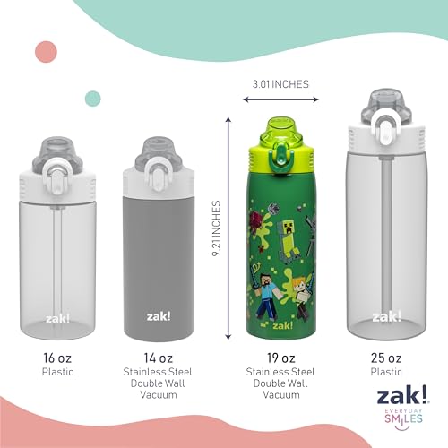 Zak Designs Minecraft Sage Kids Water Bottle For School or Travel, 19oz Stainless Steel Water Bottle With Straw, Handle, and Leak-Proof, Pop-Up Spout Cover (Steve, Alex, Mobs) - color: Minecraft (Steve, Alex, Mobs)