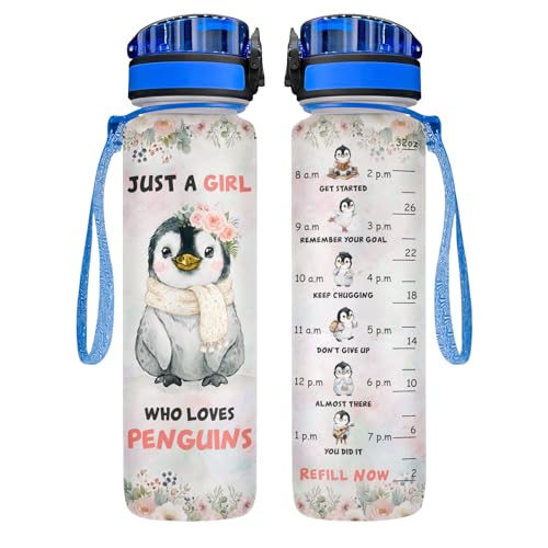 34HD Penguin Water Bottle with Time Marker & Straw 32oz, Just a Girl Who Loves Penguins, Floral Arctic Design Birthday Gifts for Women Girls for Penguin Lovers - color: Grey Penuin