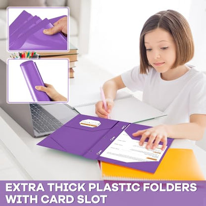 Henoyso 48 Pcs Plastic Folder with Clear Front Pocket and 3 Prongs Heavy Duty Plastic Folders with Card Slot Pocket Folders with Prongs for School Office Home(Purple) - color: Purple