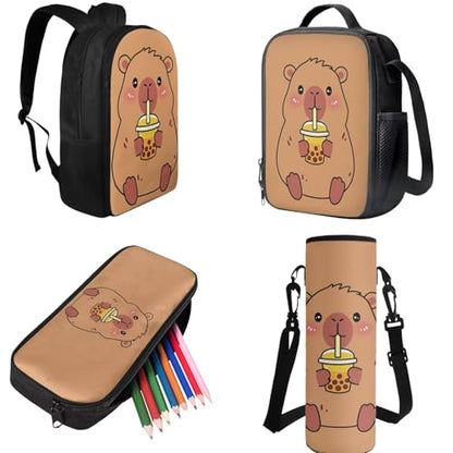 Cute Capybara Backpack Set with Lunch Box, Backpack for 2nd Grade Boys Girls Kids Back to School Back Pack Pencil Case and Water Bottle Holder 4 Piece Set for Kids Study - color: Cute Capybara