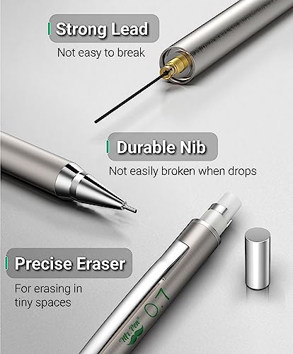 Mr. Pen- Metal Mechanical Pencil Set with Lead Refills & Erasers, 2 Pack | 0.7mm, 4x Tubes HB Lead Refill, 4x Eraser Refills for School Supplies, Note Taking, Drawing, Sketching, Office - style: 0.7mm