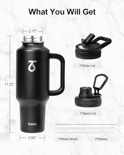 Trebo Insulated Water Bottle 40oz Fits in Car Cup Holder with Side Handle | Stainless Steel Metal Tumbler with Straw Spout Lids, Triple-Wall Vacuum Copper Plated, Cold 48 Hrs Hot 24 Hrs for Travel, Gym - color: Deep Black, size: 40 Ounces
