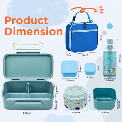 MAISON HUIS Bento Box for Kids with 8oz Soup Thermo, Insulated Lunch Bag & 17oz Water Bottle, 2-Compartment Bento Box with Built-In Ice Pack, Leak-Proof & BPA-Free - color: Blue2