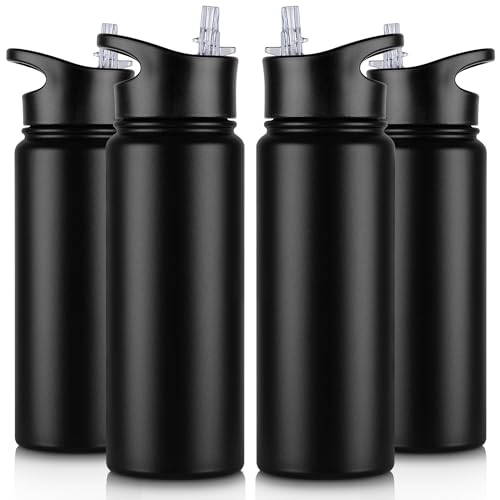 24 oz Insulated Water Bottle Bulk 4 Pack, Stainless Steel Sports Water Bottles with Straw Lid & Wide Mouth Lids, Double Walled Vacuum, Leak Proof, Black - color: Black, size: 24 Ounces-4