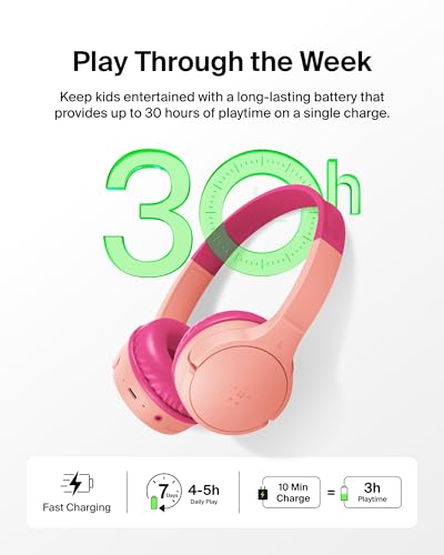Belkin SoundForm Mini w/Case - Wireless Bluetooth Kids Headphones with 30H Battery Life, 85dB Safe Volume Limit, Built-in Microphone - Kids On-Ear Earphones for iPhone, iPad, & More - Pink - color: Pink, style: Wireless (USB-C) + Case