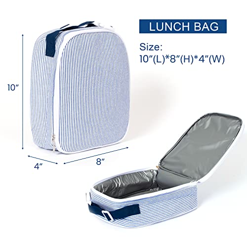 MT WORLD Personalized Lunch Bag Tote Custom Embroidery Name Reusable Seersucker Stripe Pattern Insulated Lunch Box - color: Blue