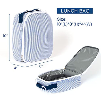 MT WORLD Personalized Lunch Bag Tote Custom Embroidery Name Reusable Seersucker Stripe Pattern Insulated Lunch Box - color: Blue
