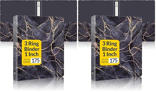 SUNEE 3 Ring Binder, 1 Inch, Cute Binder with 2 Pockets, Decorative Black Marble Heavy Duty (Fit 8.5x11 Inches) for School & Office (Pack of 2) - color: Black Marble, size: 1 in (Pack of 2), style: Single Binder