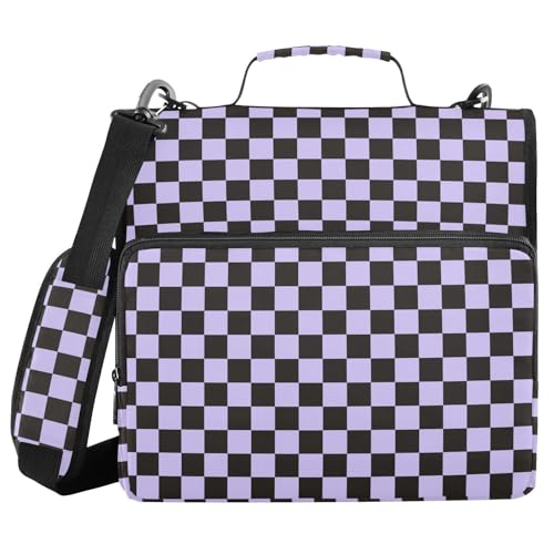 Lavender Purple Black Checkered Binder Bag 3 Ring Zipper Binders with Shoulder Strap for School Office Organizer Storage - color: Q015