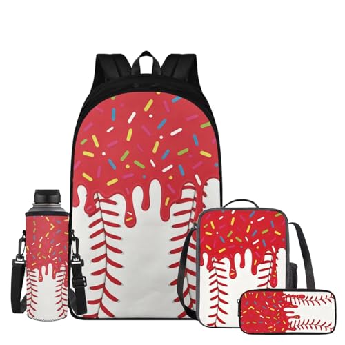 Red Ice Cream Backpack Baseball 4 Piece Drip School Backpack Insulated Light Lunch Bag and Pencil Pouch with Elastic Side Water Bottle Pocket Young Kids Casual Daily Gifts - color: Red